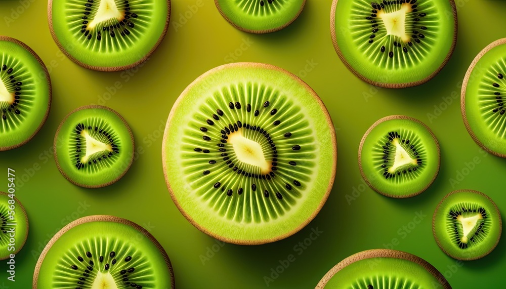 Poster sliced kiwi fruit arranged in a pattern on a green background with a white center in the middle of t
