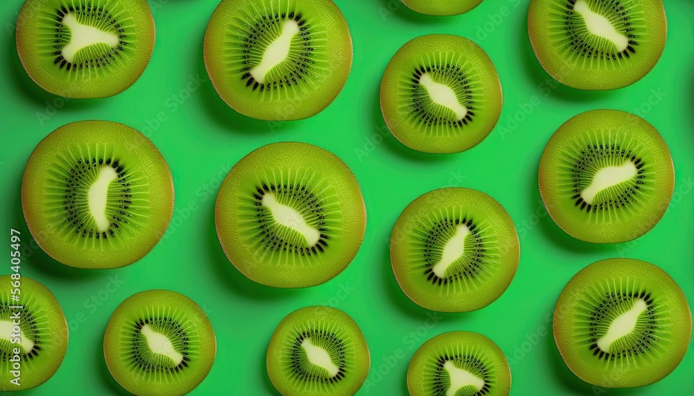 Poster kiwi fruit slices arranged in a pattern on a green background with a white spot in the middle of the