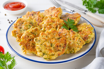 Chicken cutlets made from minced meat, onion, garlic and fresh herbs on a plate on a white wooden background. Top view, selective focus.