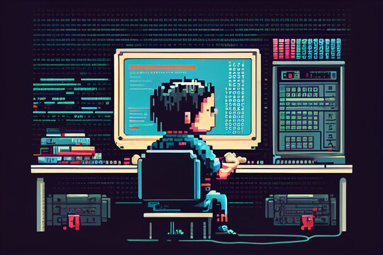 Icon figure programmer at the computer creating and writing binary code, cyber space online communication, hacker. Generative AI
