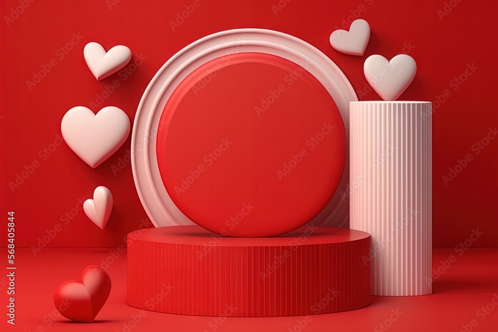 Poster a red plate and some hearts on a red background with a white vase and a white pillar on a red surfac