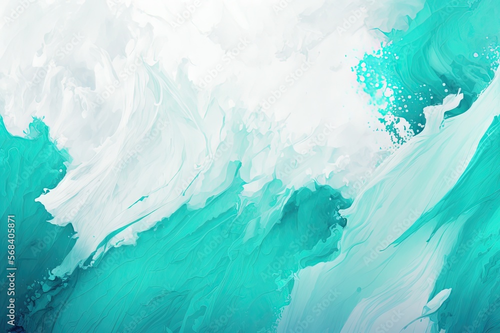 Poster a painting of a wave in the ocean with blue and white paint on it's walls and bottom part of the wav