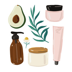 Beauty essentials vector set. Hand cream, face cream, lotion pump bottle, avocado and florals - vector illustration.  - 568405823