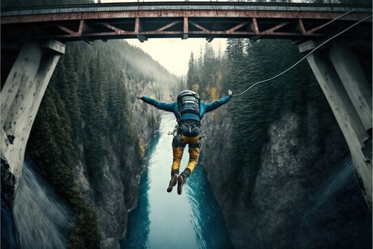 person bungee jumping from bridge over a river, concept of Adrenaline Rush and Risk-Taking, created with Generative AI technology
