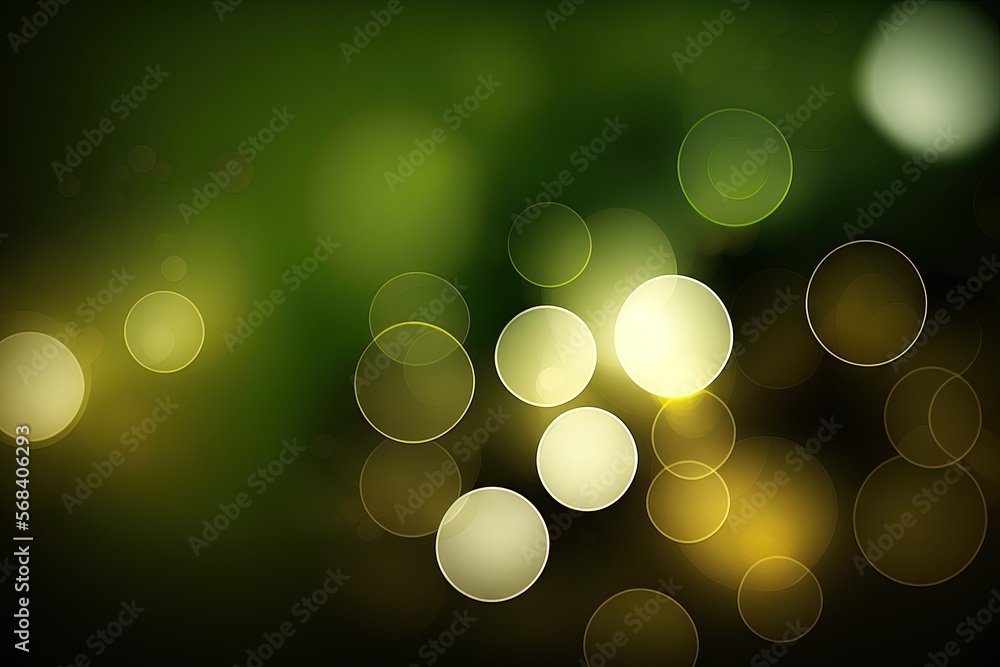 Poster a blurry photo of a green and yellow background with circles of light in the middle of the image and