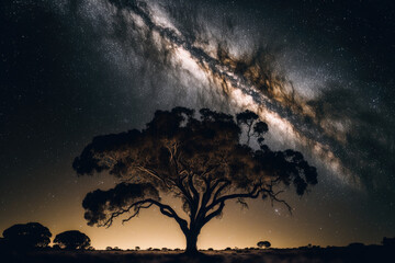 Naklejka na ściany i meble the milky way over a tree's shadow in a grainy long exposure shot. Generative AI