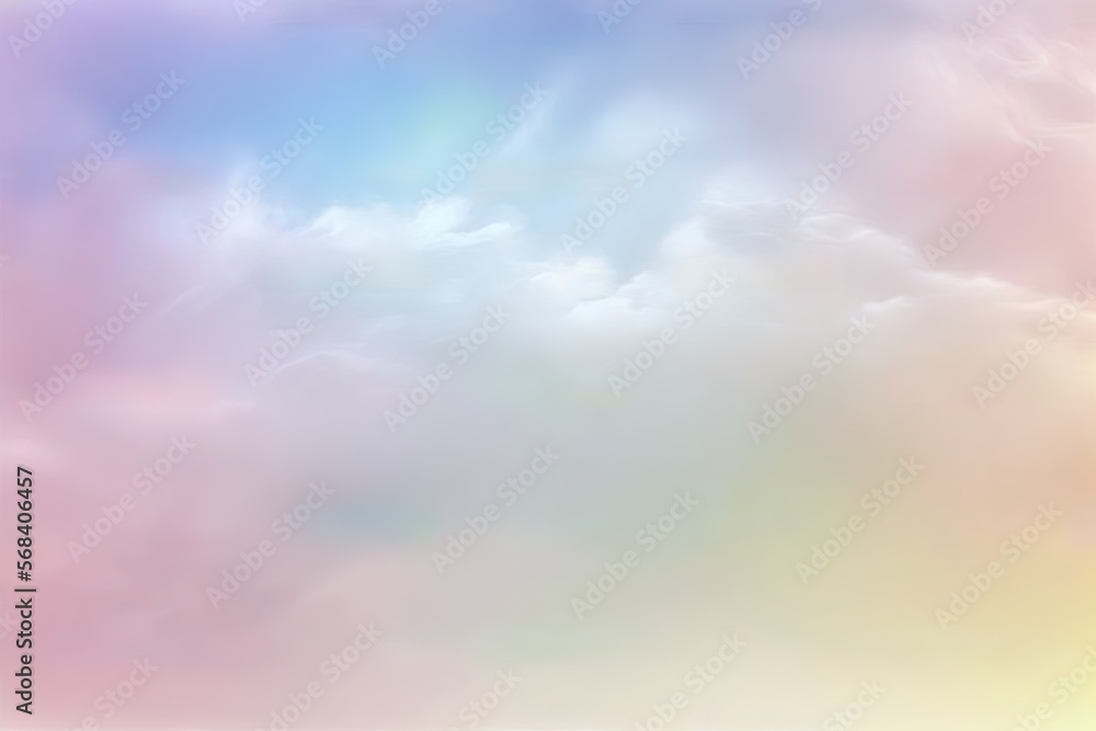 Poster a blurry photo of a rainbow colored sky with clouds in the background and a rainbow colored sky with