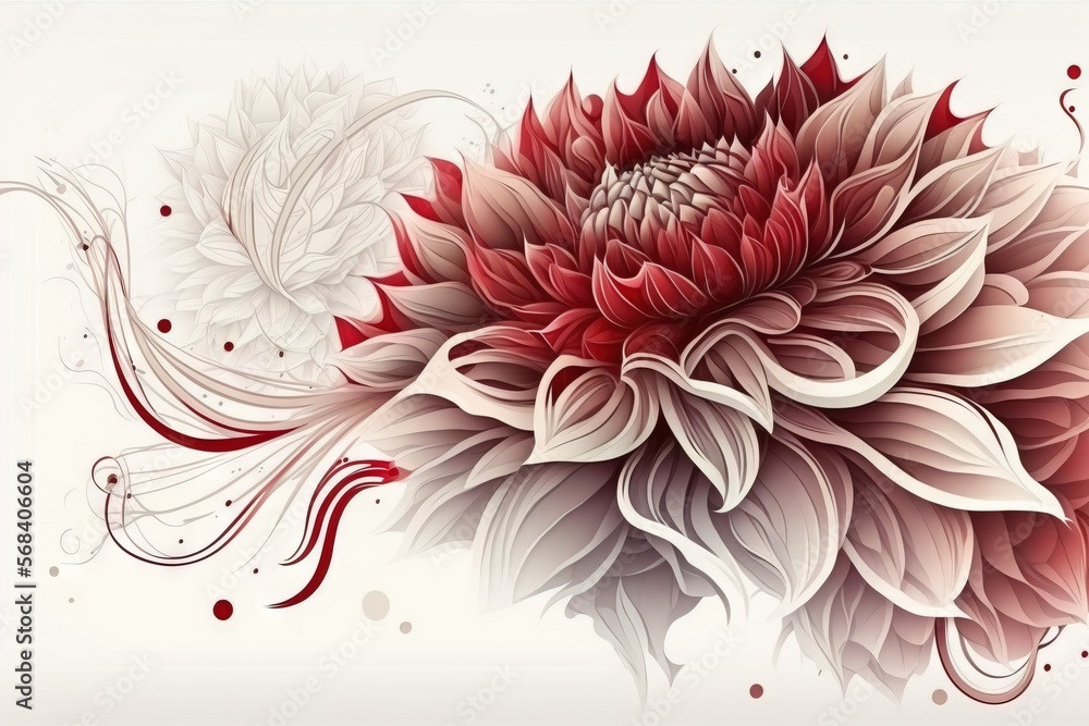 Poster a red and white flower with swirls and swirls on it's petals and leaves on a white background with a