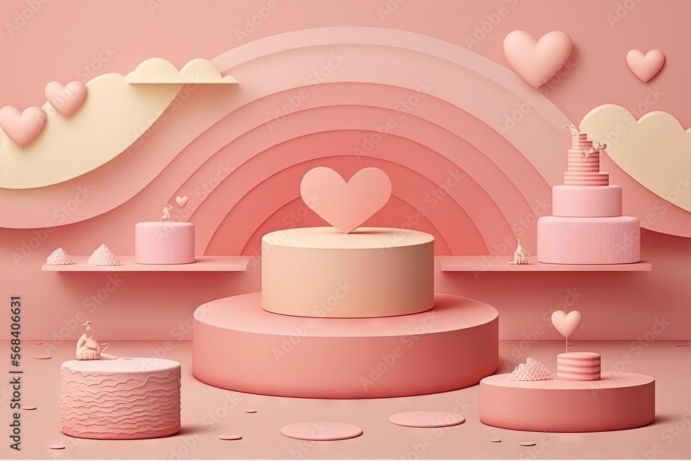 Poster a cake with a heart on top of it on a pink surface with hearts on the top of the cake and a rainbow 