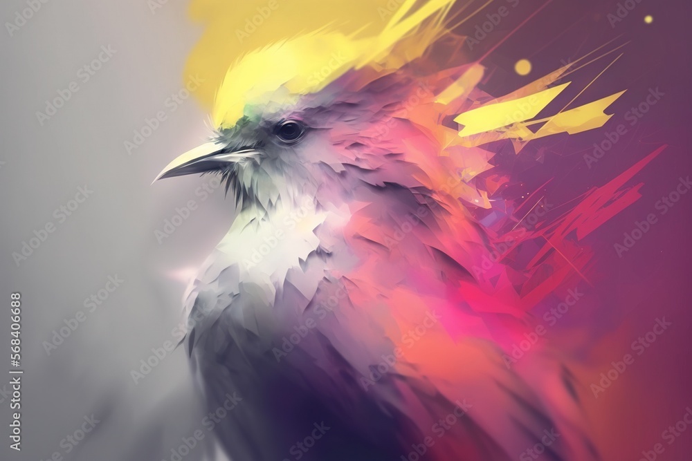 Poster a colorful bird sitting on top of a table next to a wall with a clock on it's side and a clock on th