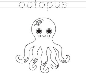 Trace the letters and color cartoon octopus. Handwriting practice for kids.