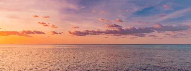 Foto op Plexiglas Panoramic sea skyline beach. Amazing sunrise beach landscape. Panorama of tropical beach seascape horizon. Abstract colorful sunset sky light tranquil relax summer seascape freedom wide angle seascape © icemanphotos