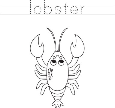 Trace the letters and color cartoon lobster. Handwriting practice for kids.