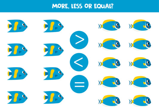 More, less or equal with cartoon reef fish.