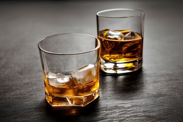 Glass of whiskey with cigar and ice cubes on wooden table - generative ai