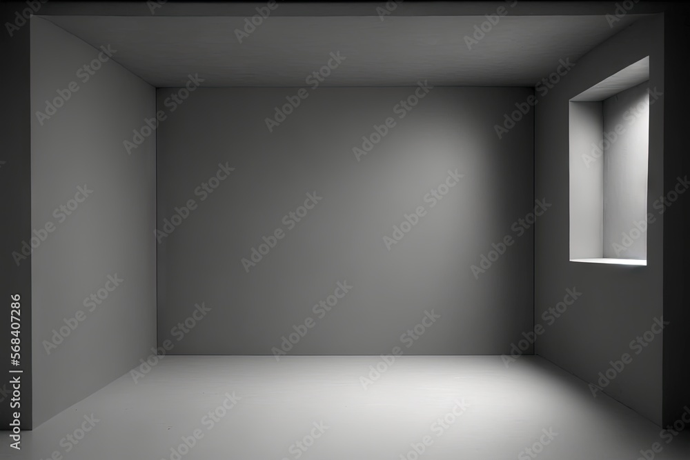 Poster an empty room with a window and a light coming in from the window on the far side of the room is a w