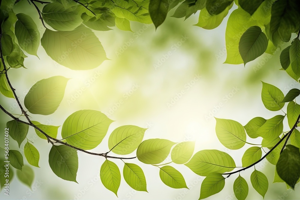 Poster a branch with green leaves on it and a bright sun in the background with a lens flare in the middle 