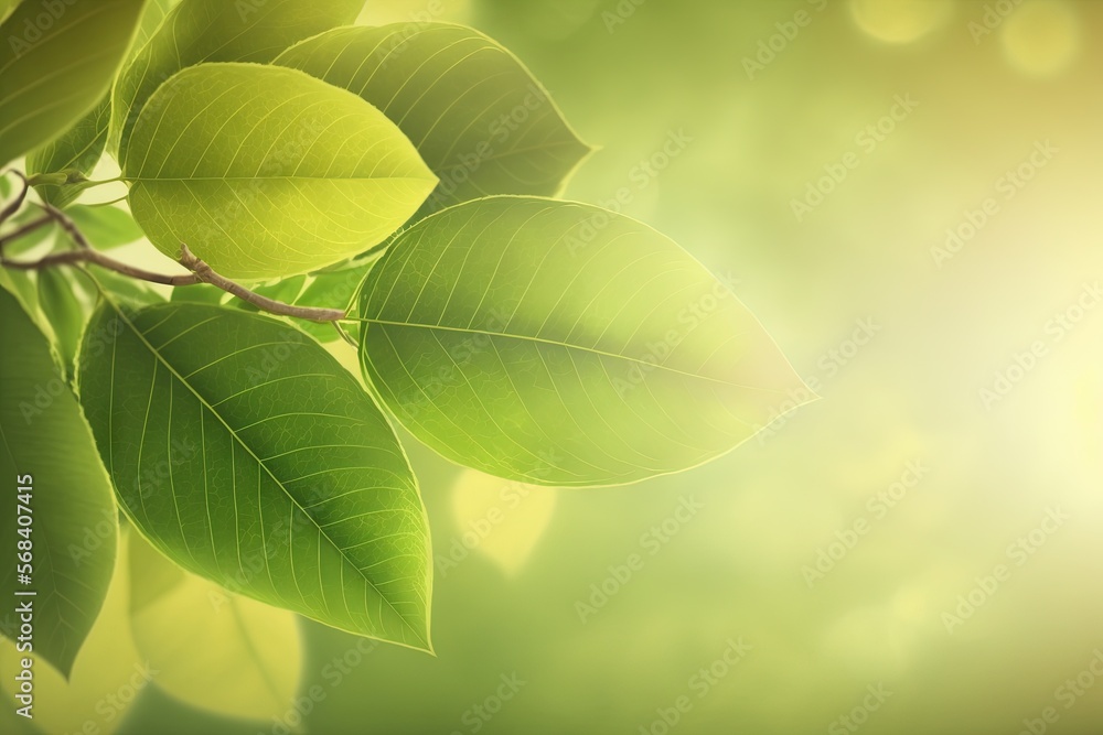 Poster a close up of a green leaf on a tree branch with sunlight shining through the leaves on the branches