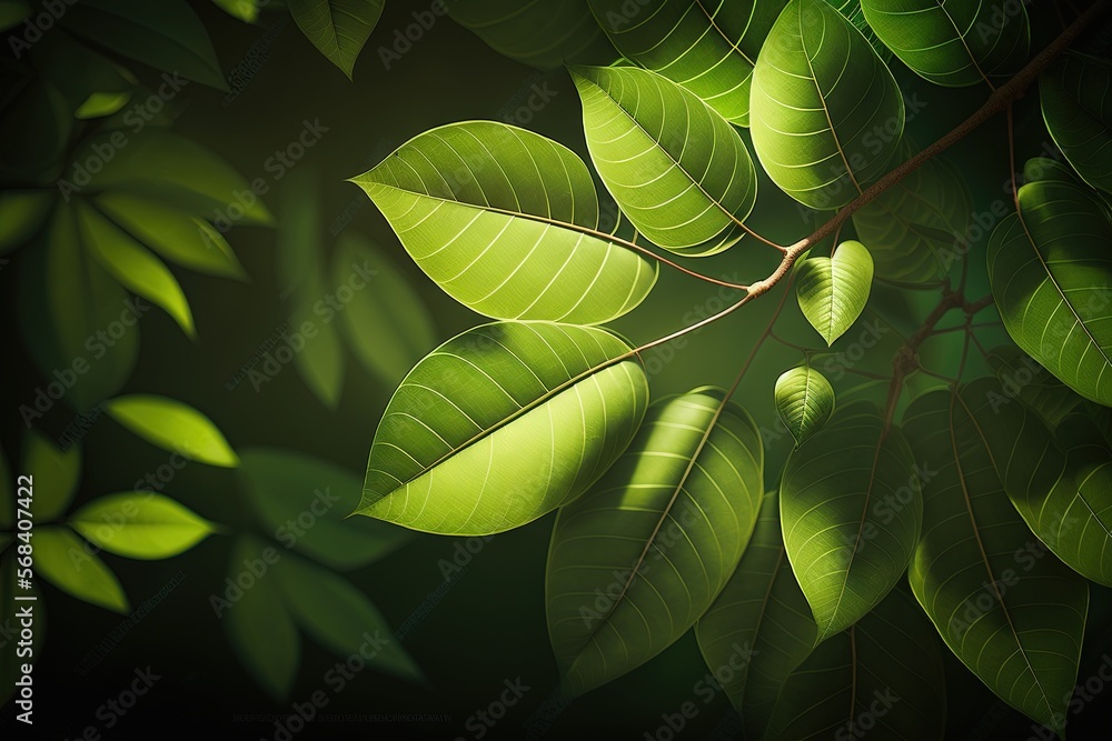 Poster a close up of a green leaf on a branch with a dark background and a light reflection on the leaves o