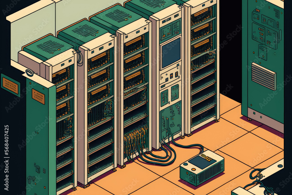Poster the data center has a room with rows of server hardware. generative ai