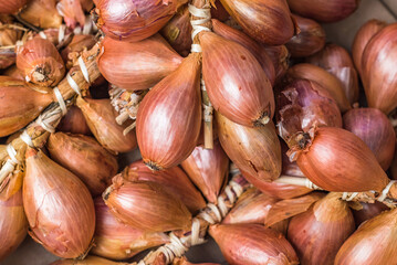 fresh shallots at farmers market.