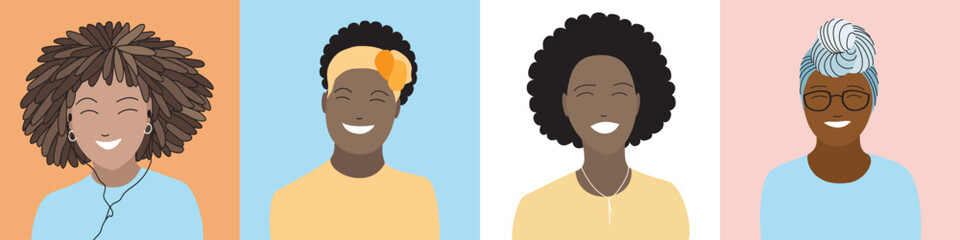 Set of happy smiling African women characters with diverse ethnic or traditional hairstyle in square frames. Cheerful black female avatar or user portraits collection. Flat style vector illustration.