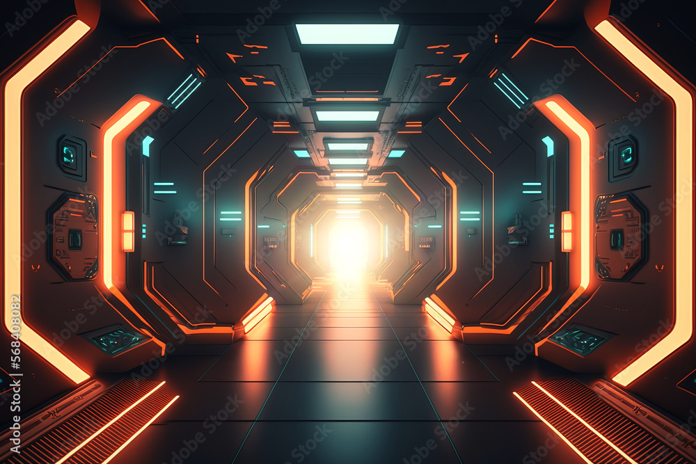 Aufkleber spaceship futuristic sci-fi tunnel passageway with glowing shiny neon lights ,futuristic sci-fi back