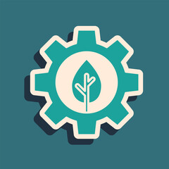 Green Leaf plant ecology in gear machine icon isolated on green background. Eco friendly technology. World Environment day label. Long shadow style. Vector