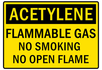 Flammable gas warning sign and labels acetylene, flammable gas no smoking no open flame