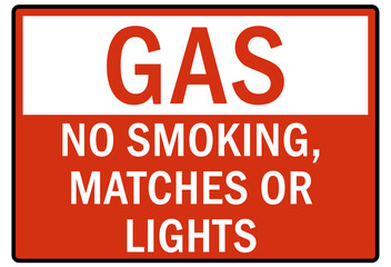 Flammable gas warning sign and labels no smoking matches or light