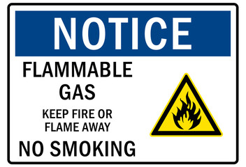 Flammable gas warning sign and labels keep fire or flame away, no smoking
