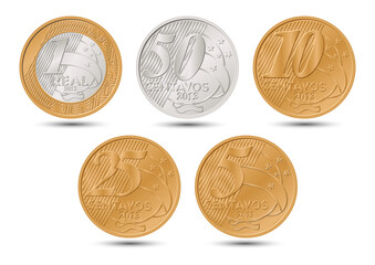 Brazilian coins set. Real and cents coins. Reverse on white background.