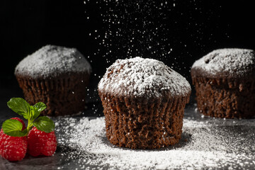Low key shot of chocolate muffins sprinkled with powdered sugar