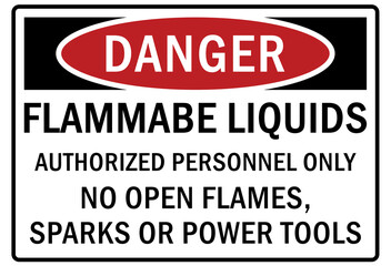 Fototapeta premium Flammable liquid sign and labels flammable liquid authorized personnel only. No open flames, sparks or power tools
