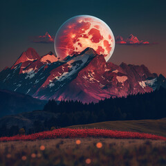 The red moon over the snow-covered mountains