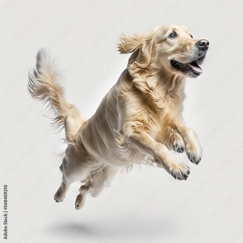 Poster a dog is jumping in the air with its front paws out and it's eyes open and it's mouth wide wide open