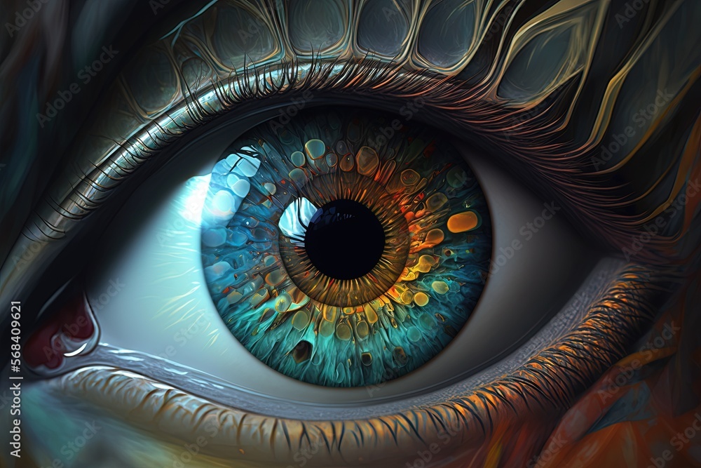 Poster a close up of a blue eye with a pattern on it's iris and a black circle in the center of the iris of