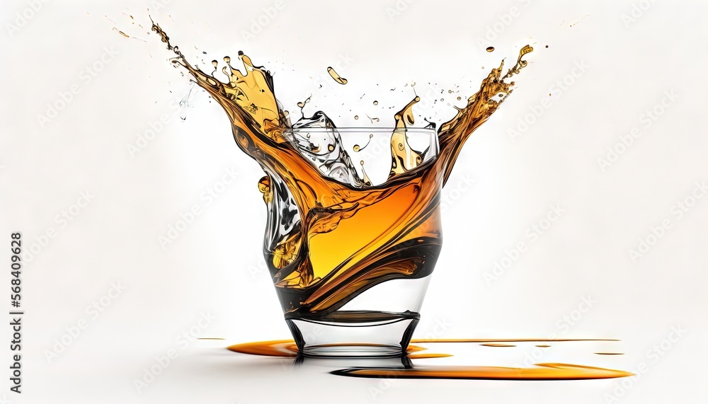 Poster a glass filled with liquid and splashing orange liquid on a white background with a white background