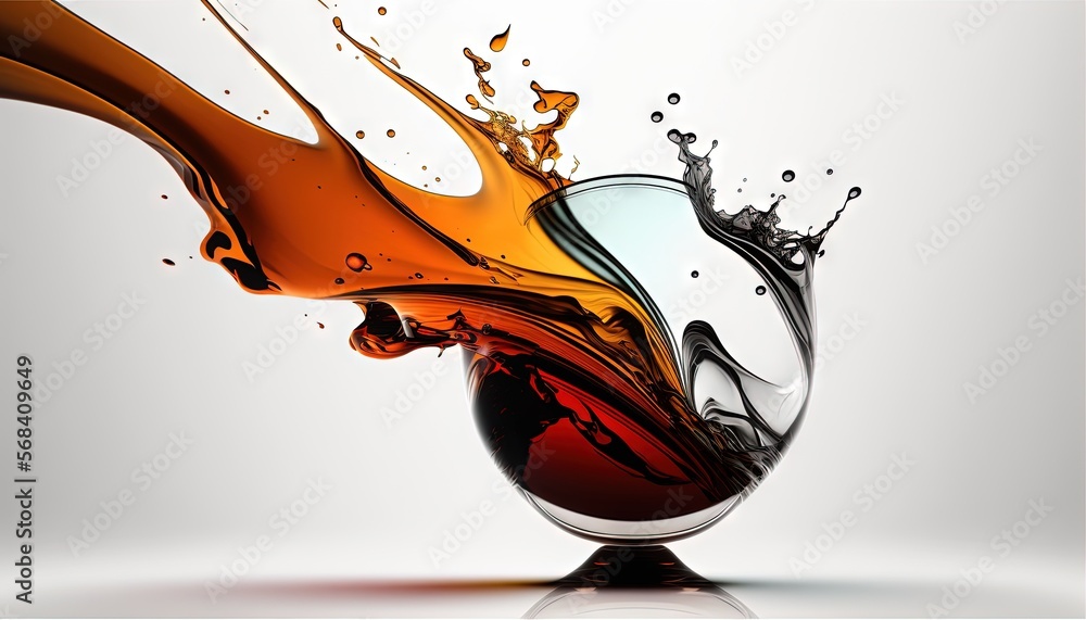 Poster a liquid splashing out of a wine glass on a white background with a reflection of the wine being pou