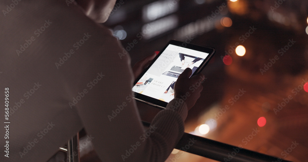 Poster Man, tablet and city using night data to scroll on internet for global networking, about us information and digital marketing online. Male on internet for stock market investment website search
