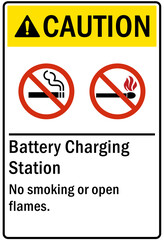 flammable hazard warning sign and labels battery charging station no smoking or open flame