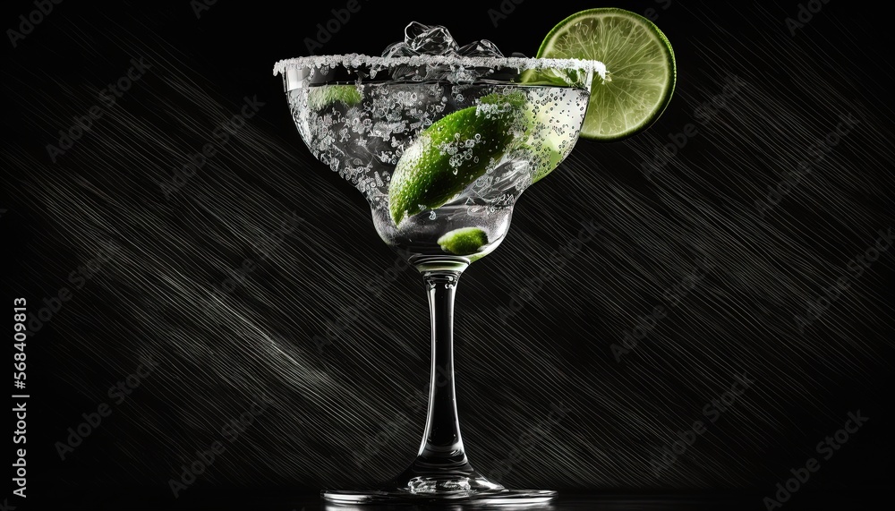 Aufkleber a glass with a lime and a slice of lime in it on a black background with a splash of water on the ri