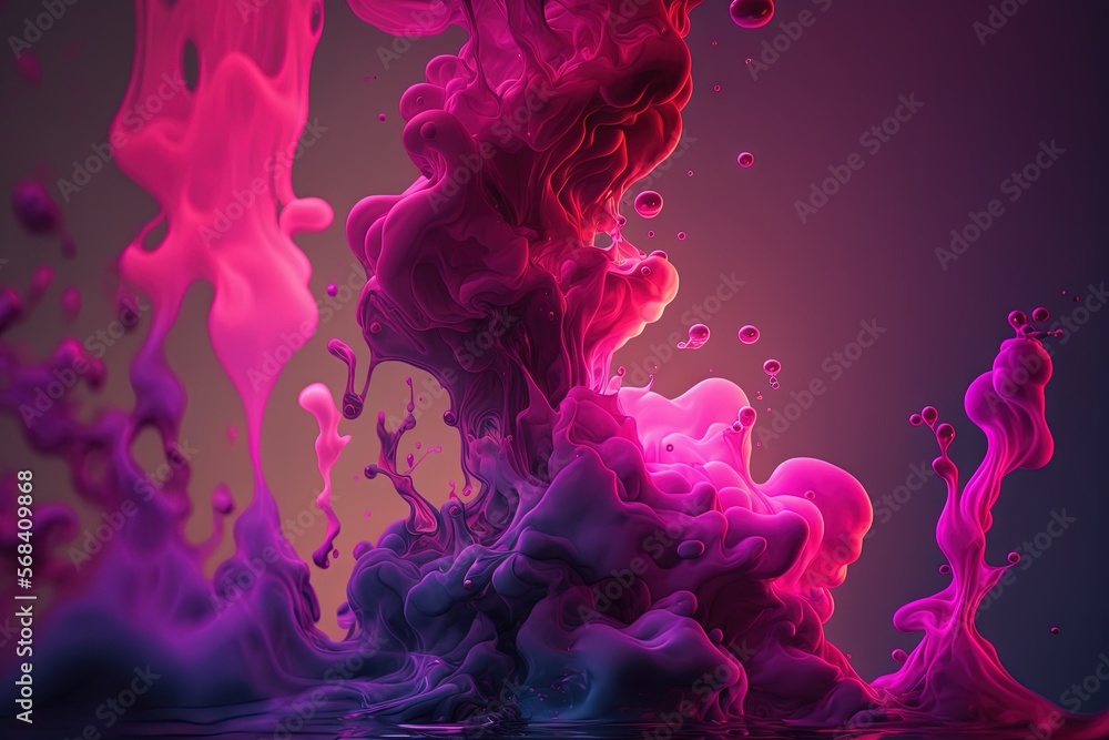 Poster a group of colorful liquids floating in the water on a purple background with a black background and