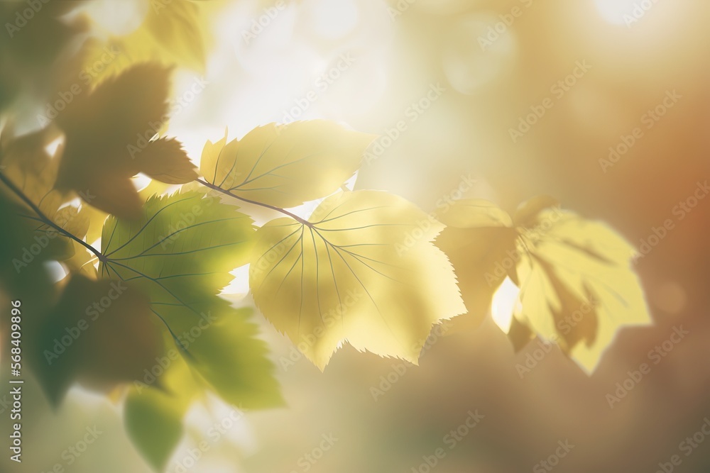 Poster a close up of a leafy tree branch with the sun shining through the leaves on the branches of the tre