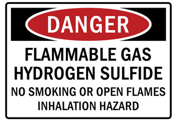 flammable hazard warning sign and labels flammable gas hydrogen sulfide, no smoking or open flames inhalation hazard