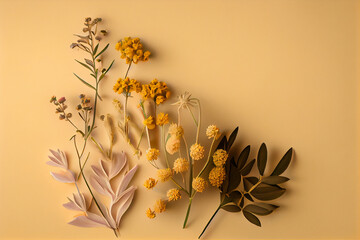 Floral composition dried flowers pattern on yellow beige background, top view, flat lay, natural botanical ornament layout for text. Generative AI
