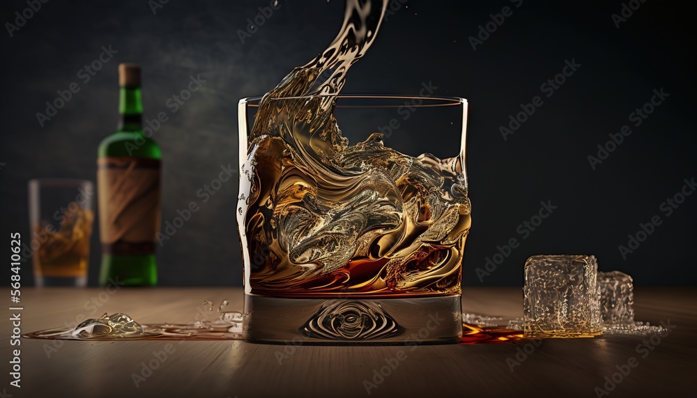 Poster a glass of whiskey with ice cubes and a bottle of wine in the background on a wooden table with a da