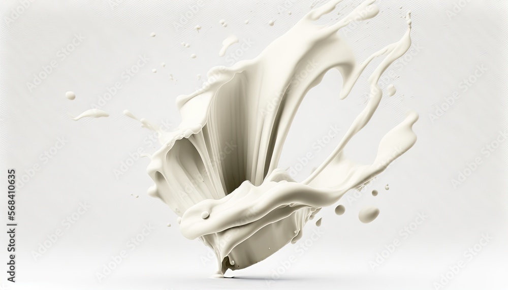 Poster a milk splashing into the air on a white background with a light reflection of the milk being poured