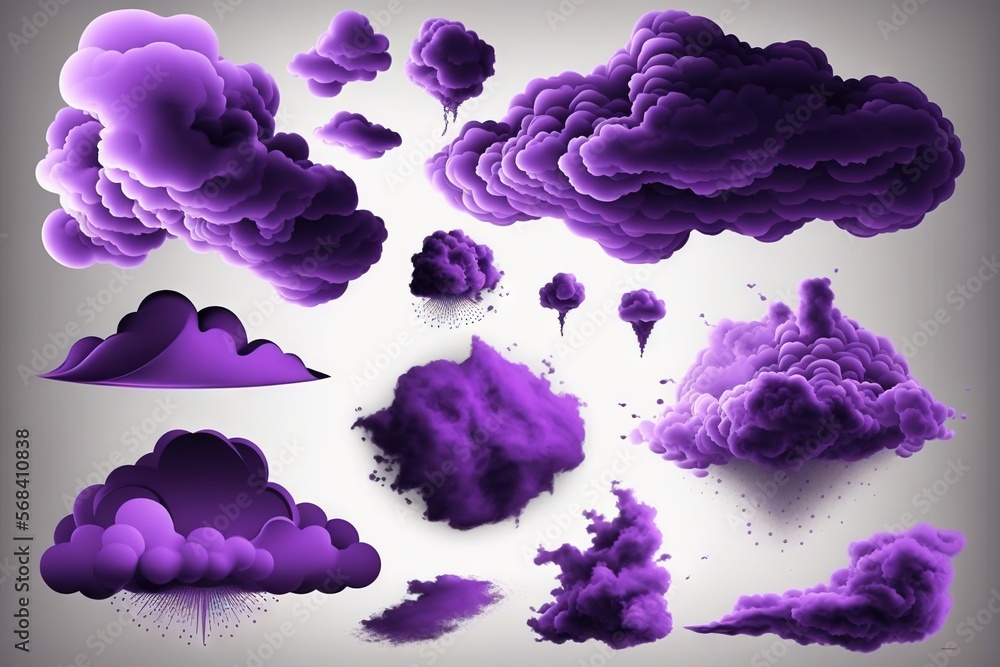 Poster a bunch of clouds that are in the air with purple smoke coming out of them on a white background wit