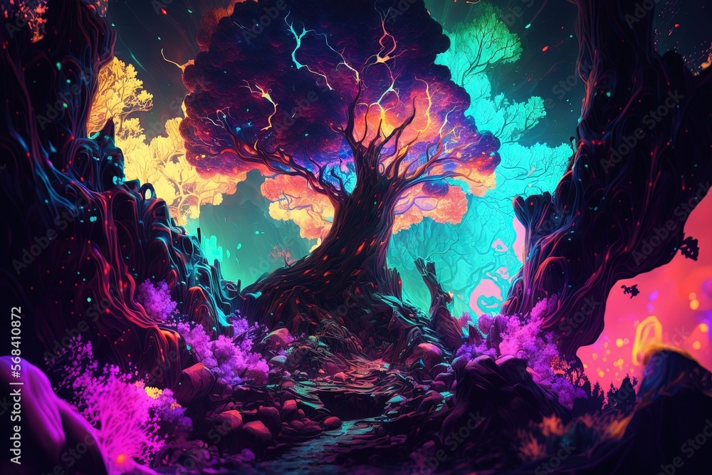 Poster a painting of a tree in the middle of a forest with bright colors on the trees and rocks on the grou